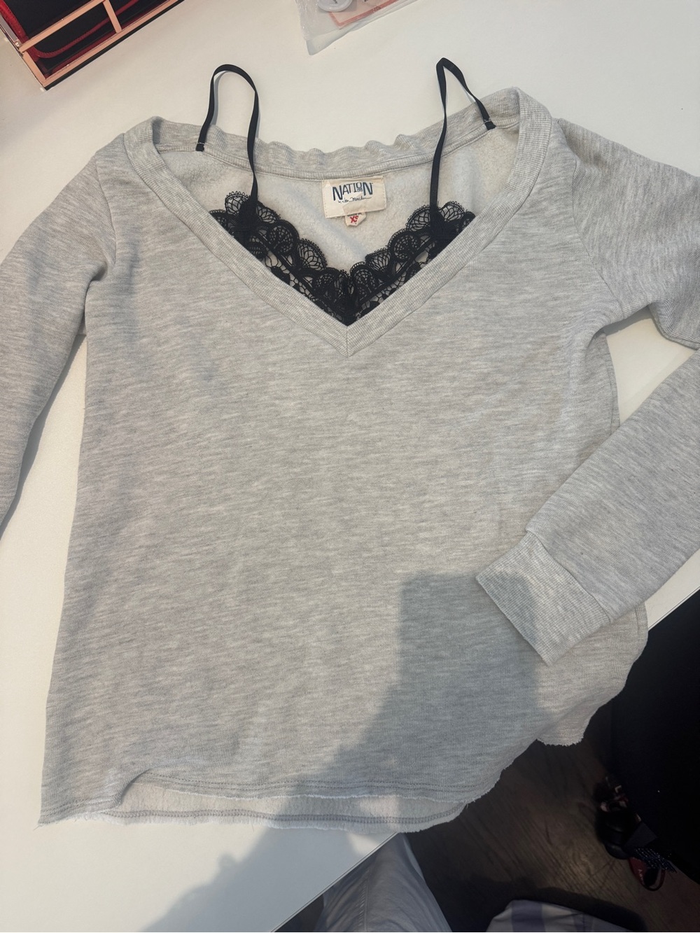Nation LTD Light Gray Sweater with Black Lace Trim Off Shoulder